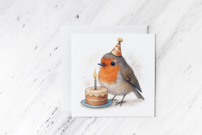 Birthday Robin Card – Cute Watercolour Bird with Cake – Handmade Woodland Greeting – Sweet Nature-Inspired Birthday Card