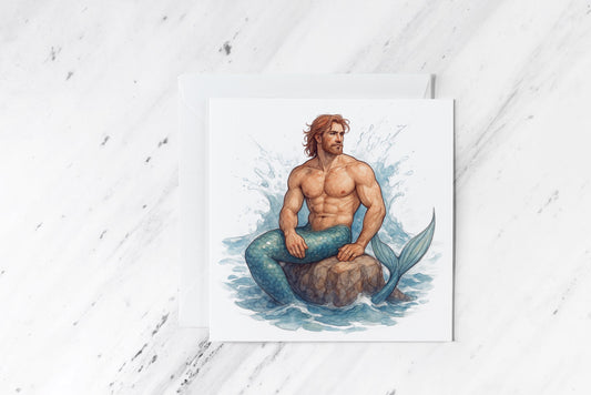 Hunky Merman Birthday Card – Hand-Drawn Fantasy Art – Muscular Merman on Rock – Mythical Ocean Pin-Up – Fantasy Sea Creature Greeting