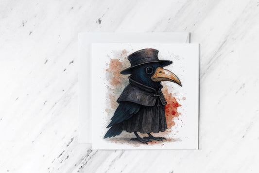 Plague Doctor Crow Greeting Card – Gothic Watercolour Illustration – Spooky Cute Bird in Cloak and Mask – Handmade Occult-Inspired