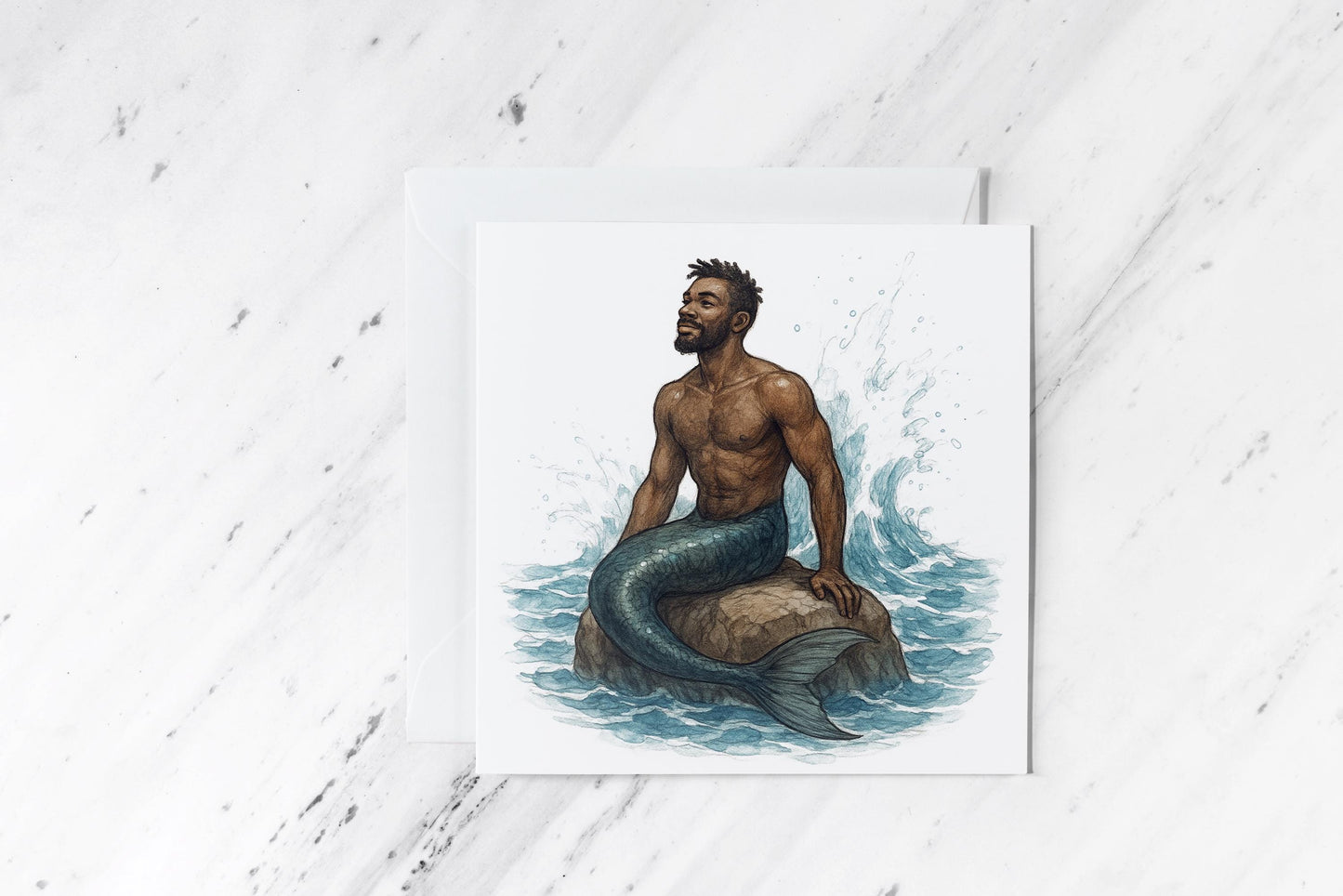 Fantasy Merman Greeting Card – Watercolour Ocean King Illustration – Mythical Sea Creature Art – Handmade Inclusive Stationery