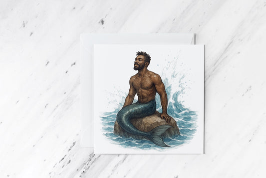 Fantasy Merman Greeting Card – Watercolour Ocean King Illustration – Mythical Sea Creature Art – Handmade Inclusive Stationery