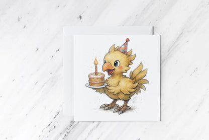 Birthday Chocobo Card – Cute Final Fantasy Inspired Watercolour Bird – Geeky Gamer Birthday Greeting – Handmade Fantasy Card