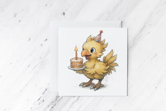 Birthday Chocobo Card – Cute Final Fantasy Inspired Watercolour Bird – Geeky Gamer Birthday Greeting – Handmade Fantasy Card