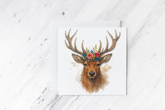 Floral Antler Stag Greeting Card – Majestic Deer Illustration – Woodland Forest Animal Art – Whimsical Nature Card