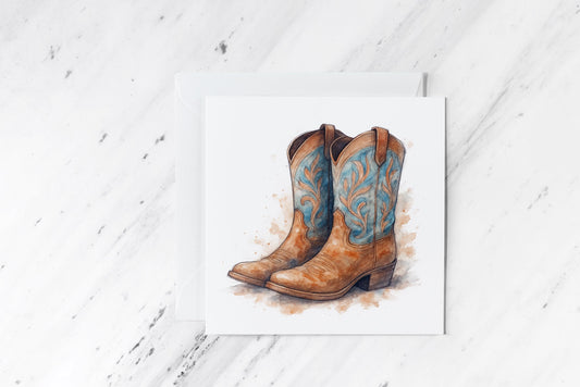 Cowboy Boots Greeting Card – Rustic Country Western Art – Rodeo Watercolour Boots – Southern Charm Birthday – Handmade Blank Card