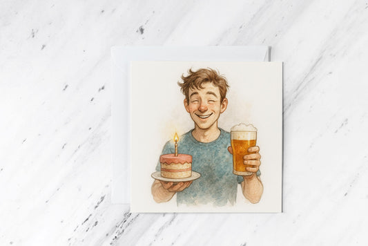 Funny Beer Birthday Card – Watercolour Illustration of Happy Man with Cake and Pint – Handmade Celebration Card – Beer Lover Gift