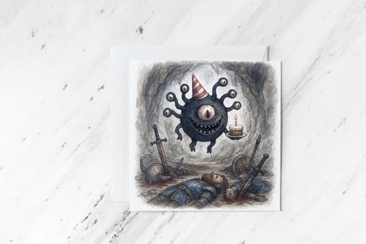 Beholder Birthday Card – Funny Monster Cake Illustration – DnD Inspired Fantasy Greeting – Dark Humour Gamer Card – Handmade Geek Gift