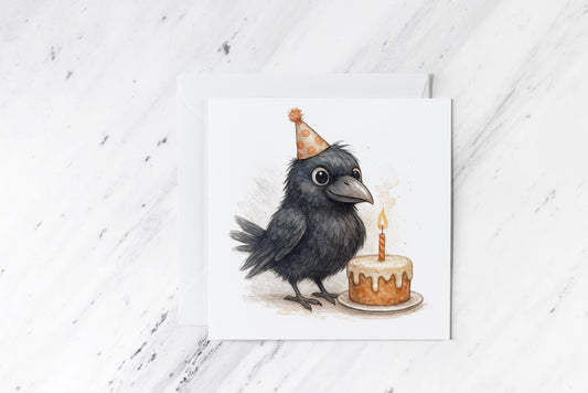 Gothic Birthday Card with Raven – Crow with Cake Illustration – Alternative Greeting Card for Him or Her