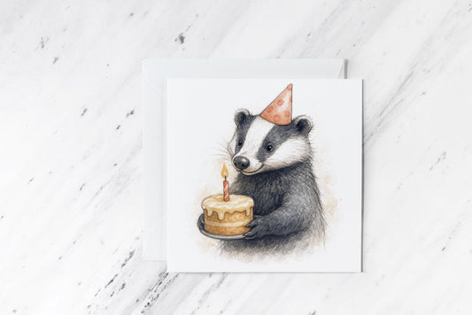 Birthday Badger Card – Cute Watercolour Woodland Animal with Cake – Handmade Forest Greeting – Quirky Animal Birthday Card