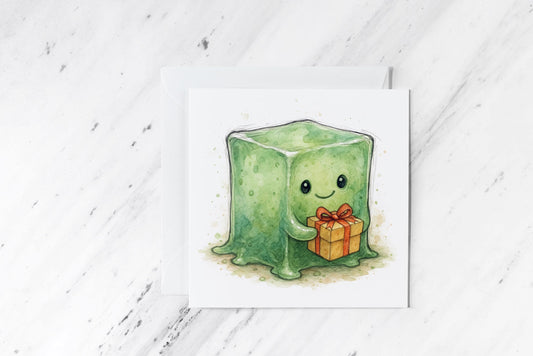 Gelatinous Cube Birthday Card – Cute Slime Monster with Present – Funny DnD RPG Greeting Card – Watercolour Fantasy Gift Card