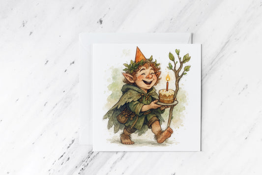 Halfling Birthday Card – Whimsical Hobbit Style Fantasy Greeting – DnD RPG Inspired Illustration – Nature Lover Gift – Watercolour Art Card