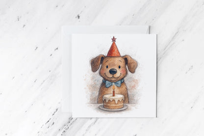 Cute Dog Birthday Card – Watercolour Puppy with Cake Illustration – Handmade Pet Lover Greeting – Funny Animal Birthday Card