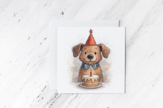 Cute Dog Birthday Card – Watercolour Puppy with Cake Illustration – Handmade Pet Lover Greeting – Funny Animal Birthday Card