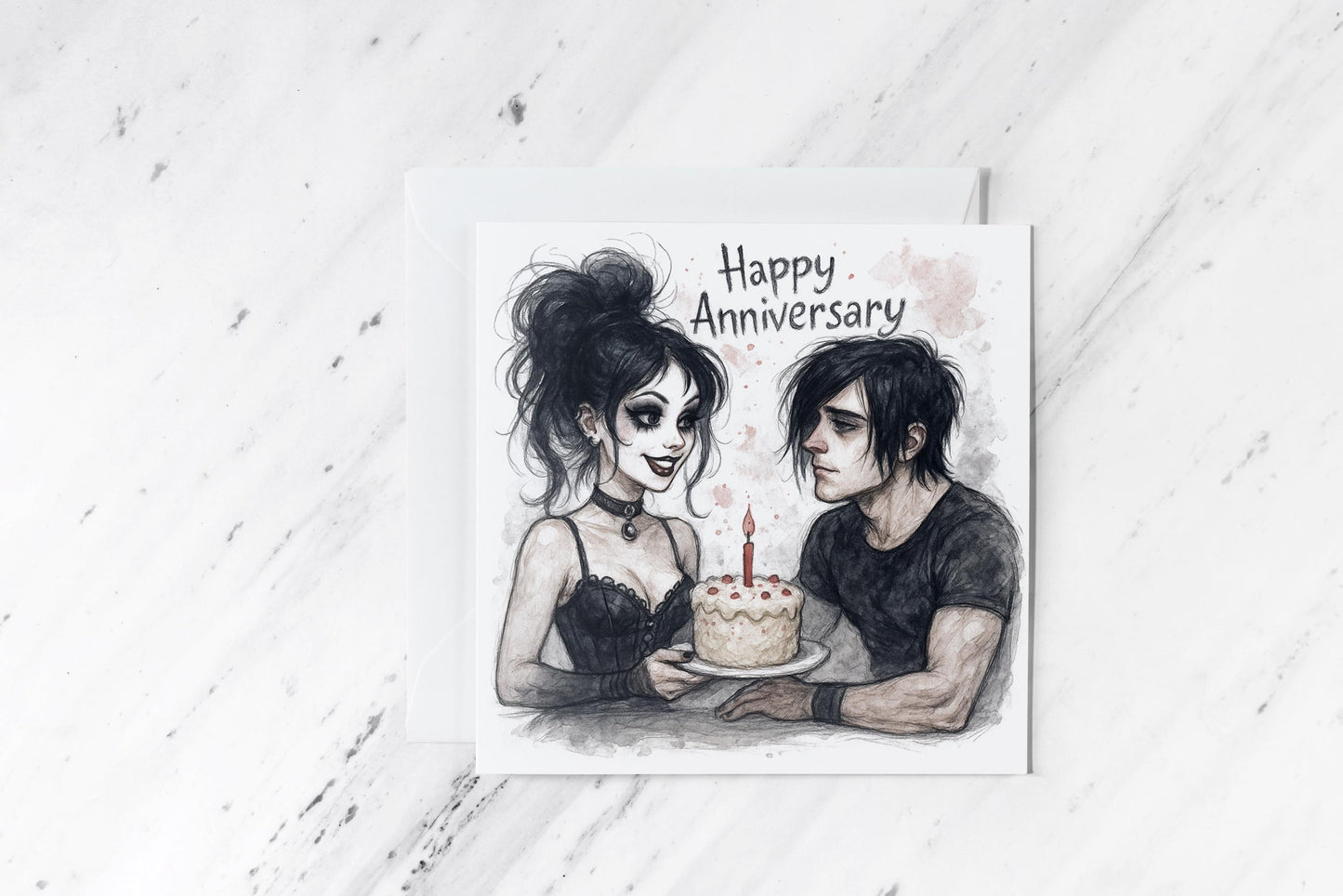 Gothic Anniversary Card – Goth Couple with Cake – Dark Romance Greeting – Alternative Love Card – Emo Anniversary Gift for Him or Her