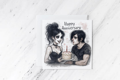 Gothic Anniversary Card – Goth Couple with Cake – Dark Romance Greeting – Alternative Love Card – Emo Anniversary Gift for Him or Her