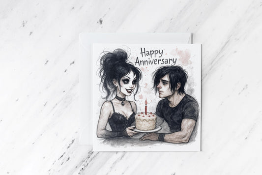 Gothic Anniversary Card – Goth Couple with Cake – Dark Romance Greeting – Alternative Love Card – Emo Anniversary Gift for Him or Her