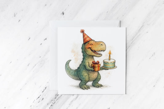 T-Rex Birthday Card – Funny Dinosaur Greeting with Cake and Present – Watercolour Jurassic Party Card for Kids and Adults