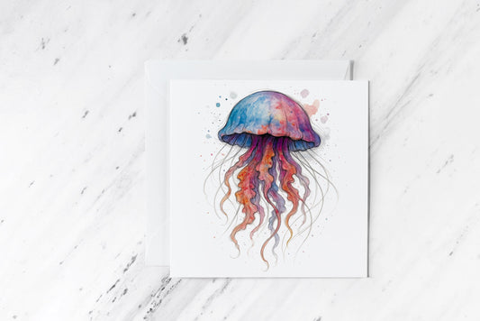 Watercolour Jellyfish Card – Ocean Sea Life Illustration – Ethereal Tentacle Creature – Mystical Marine Stationery – Blank Art Card