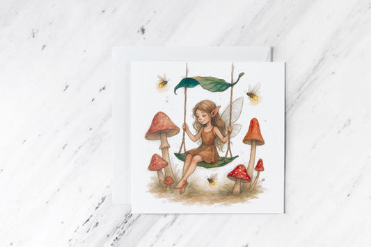 Forest Fairy Greeting Card – Whimsical Mushroom Swing Watercolour – Woodland Fae Fantasy Art – Handmade Cottagecore Stationery