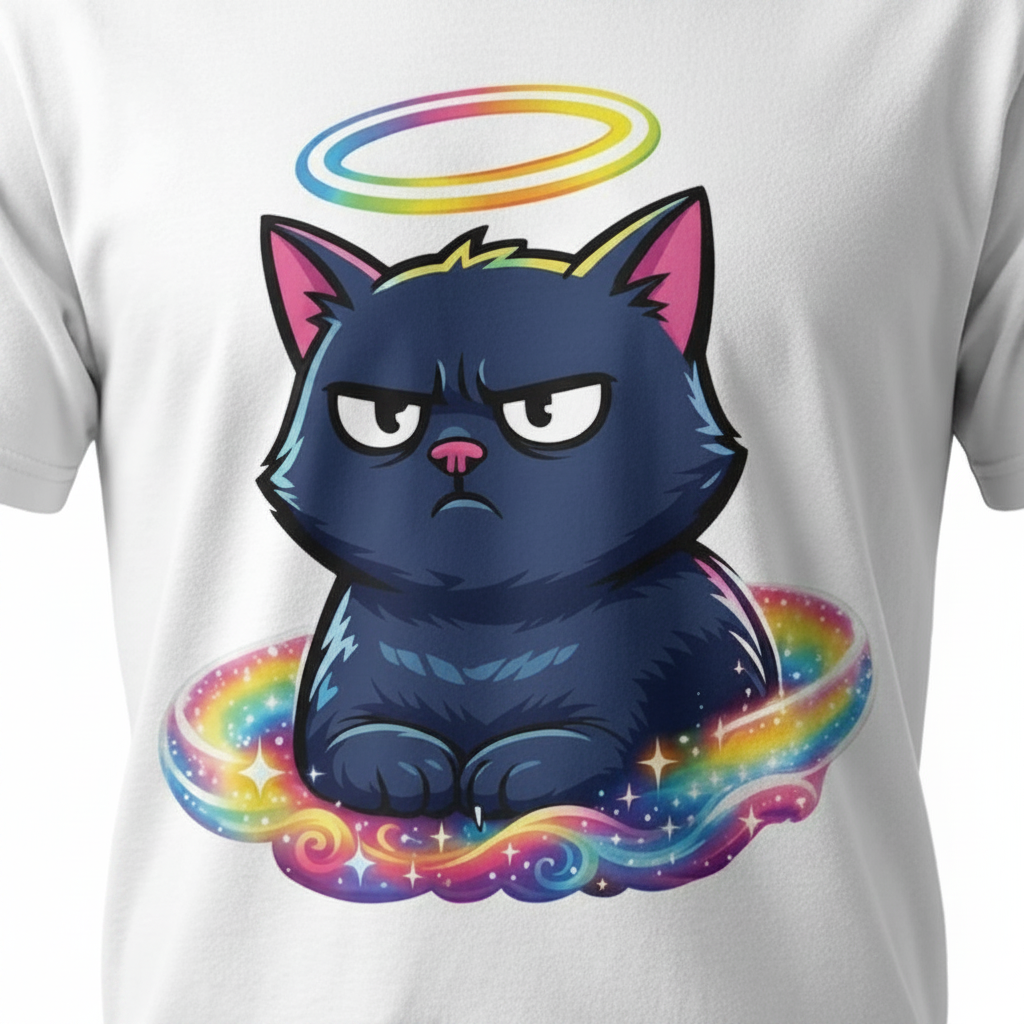 A white short-sleeve t-shirt featuring a cartoon graphic of an angry black cat with pink ears, a rainbow halo, and a rainbow swirl underneath.