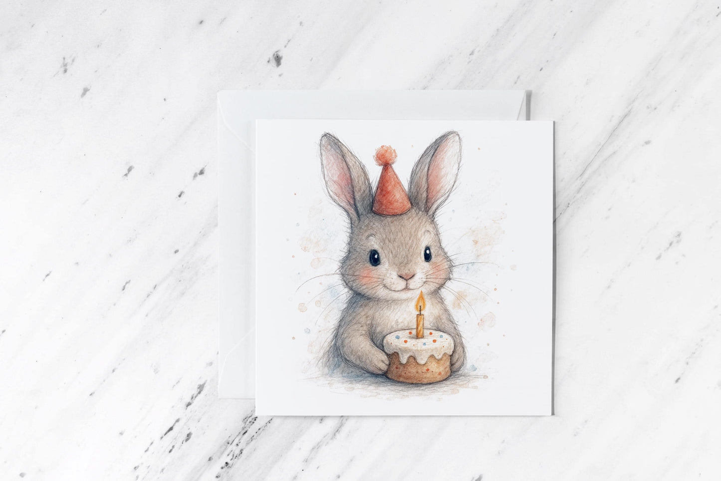 Cute Bunny Birthday Card – Woodland Rabbit with Cake – Gender Neutral Kids Birthday Card – Soft Pastel Animal Illustration – Bunny Party
