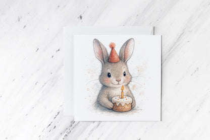 Cute Bunny Birthday Card – Woodland Rabbit with Cake – Gender Neutral Kids Birthday Card – Soft Pastel Animal Illustration – Bunny Party
