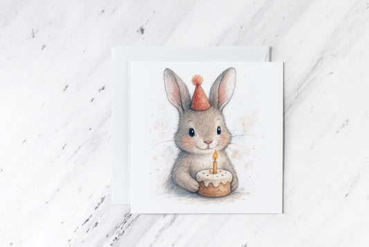 Cute Bunny Birthday Card – Woodland Rabbit with Cake – Gender Neutral Kids Birthday Card – Soft Pastel Animal Illustration – Bunny Party