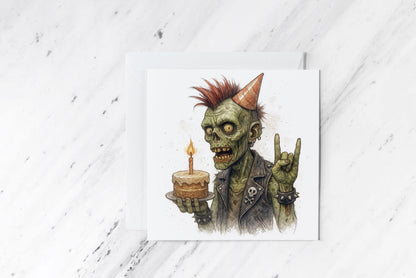 Zombie Punk Birthday Card – Watercolour Undead Rocker Illustration – Funny Alternative Greeting – Goth Horror Birthday Stationery