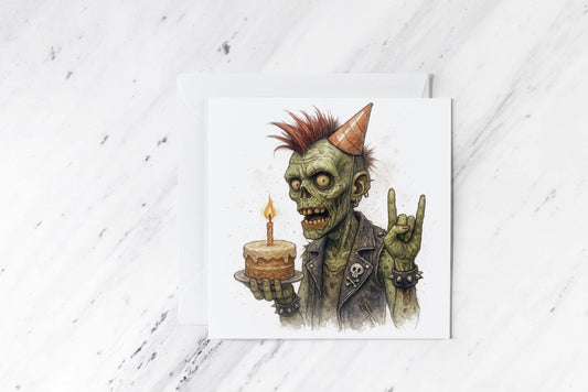 Zombie Punk Birthday Card – Watercolour Undead Rocker Illustration – Funny Alternative Greeting – Goth Horror Birthday Stationery
