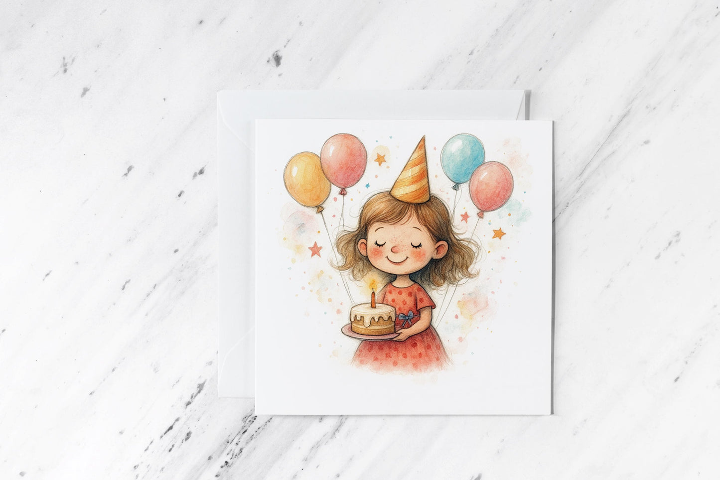 Birthday Girl Card – Cute Watercolour Illustration with Cake, Balloons, and Party Hat – Handmade Kids Celebration Card – Whimsical Art
