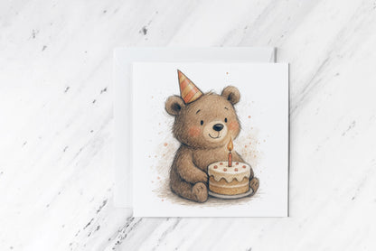 Cute Bear Birthday Card – Woodland Animal Birthday Card – Adorable Teddy Bear with Cake – Gender Neutral Birthday Card – Soft Pastel Style