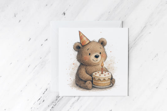 Cute Bear Birthday Card – Woodland Animal Birthday Card – Adorable Teddy Bear with Cake – Gender Neutral Birthday Card – Soft Pastel Style