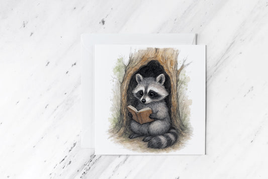 Bookish Raccoon Card – Reading Woodland Animal Illustration – Cute Forest Creature – Watercolour Greeting – Handmade Blank Card