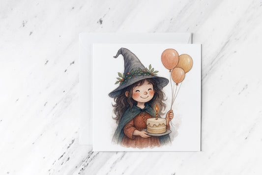 Cute Witch Birthday Card – Cottagecore Witchy Greeting – Fantasy Birthday Gift – DND Wizard Card – Magical Girl with Cake and Balloons