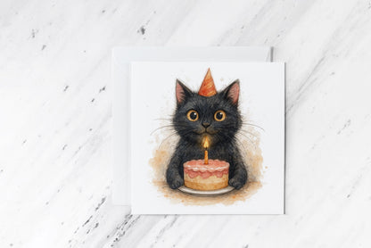 Black Cat Birthday Card – Cute Watercolour Cat Illustration – Funny Kitty Greeting Card – Cat Lover Birthday – Whimsical Animal Stationery