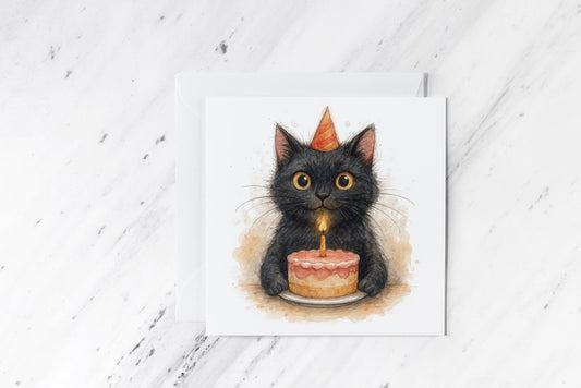 Black Cat Birthday Card – Cute Watercolour Cat Illustration – Funny Kitty Greeting Card – Cat Lover Birthday – Whimsical Animal Stationery