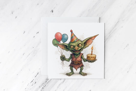 Goblin Birthday Card – Mischievous Fantasy Greeting with Cake and Balloons – Funny Watercolour Goblin Party Card for RPG Fans