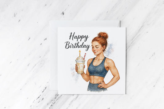 Fitness Birthday Card – Healthy Girl with Protein Shake & Candle – Workout-Inspired Greeting – Handmade Fun Card for Gym Lovers