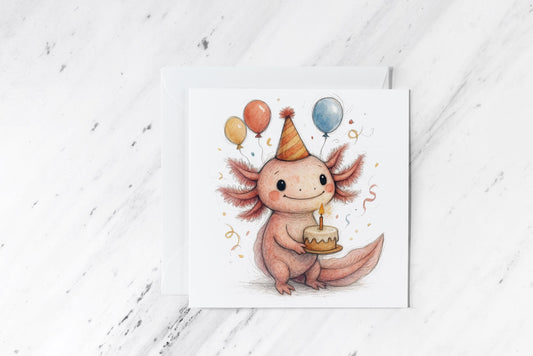 Birthday Axolotl Card – Cute Watercolour Amphibian with Cake and Balloons – Fun Handmade Animal Greeting – Quirky Party Illustration