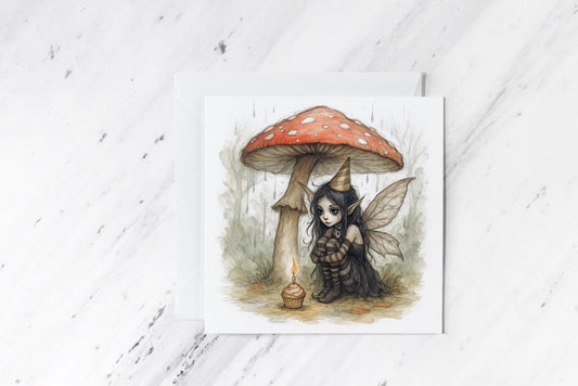 Sad Fairy Birthday Card – Gothic Woodland Illustration – Whimsical Forest Elf with Toadstool & Candle Cupcake – Alternative Birthday Art