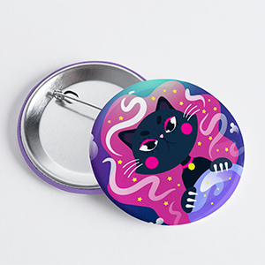 CUSTOM PRINTED BUTTON BADGES FEATURING A COSMIC CAT, PRINTED AT OCCULT PRINT SHOP CHEAP
