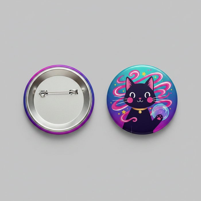 Custom printed button badge created from customer-supplied artwork, finished product example.