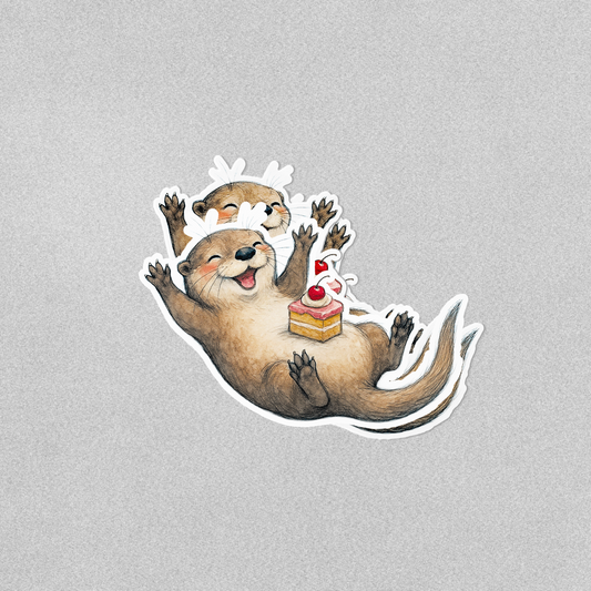 A CUSTOM PRINTED DIE-CUT STICKER WITH KISS CUT EASY PEAL SIDES. OF A CUTE OTTER AND BIRTHDAY CAKE.