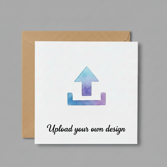 A white square card with a brown kraft envelope behind it, featuring a blue and purple watercolor upload arrow icon and the text 'Upload your own design' in black script.