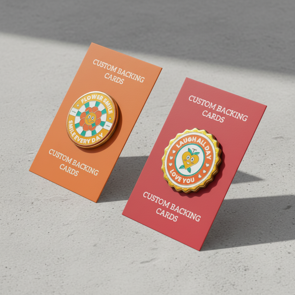 Two custom backing cards displaying round enamel pins on a light gray concrete surface. One orange card shows a pin reading 'FLOWER GIFT EVERY DAY,' and one red card shows a pin reading 'LAUGH ALL DAY LOVE YOU.