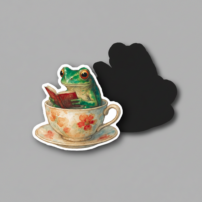 Frog in a teacup with a book, next to its silhouette on a white background.