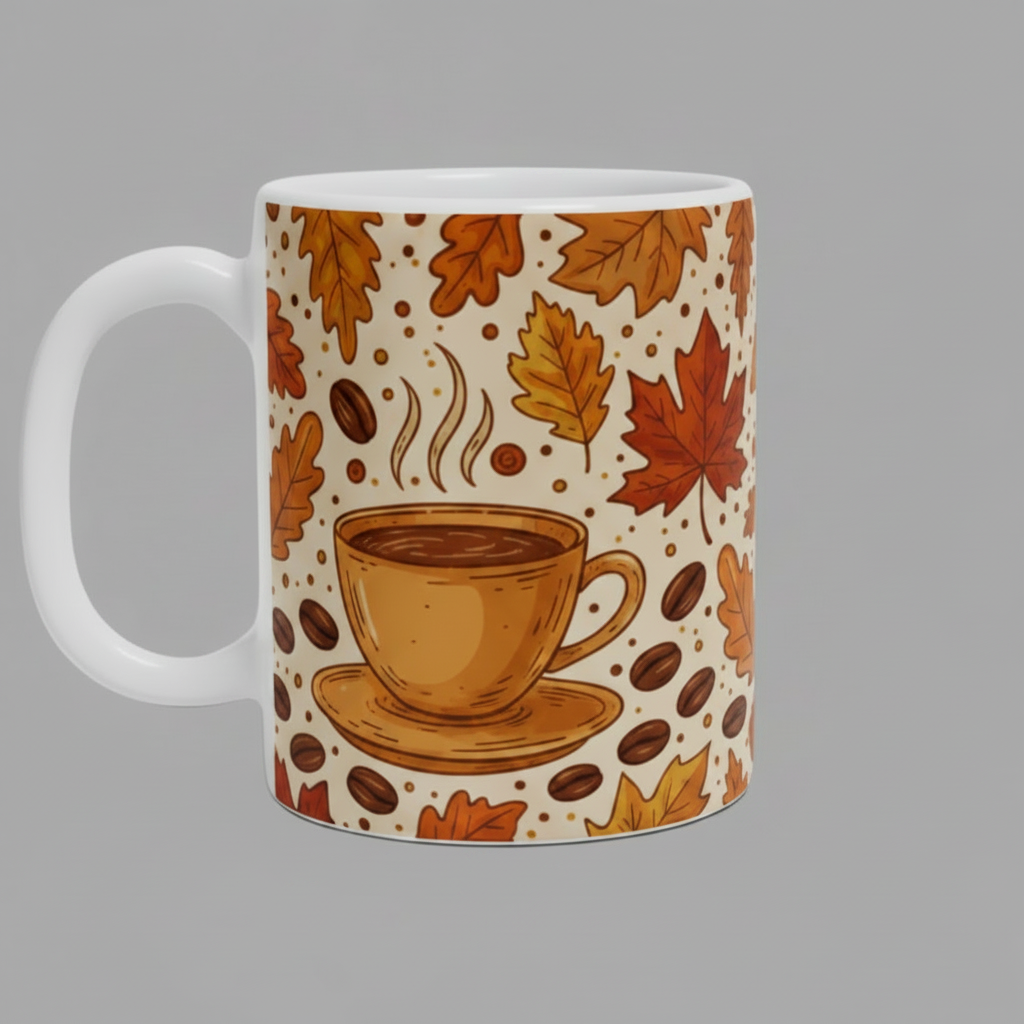 A white ceramic coffee mug with a handle, decorated with an autumn-themed pattern featuring coffee beans, maple leaves, steam, and a cup of coffee on a light beige background.