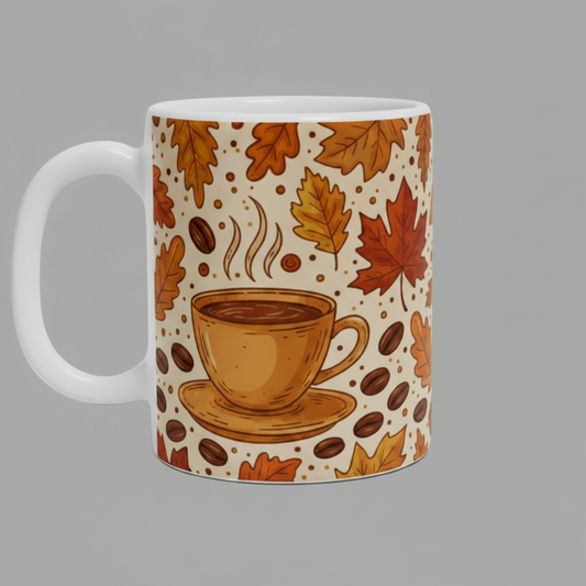 A white ceramic coffee mug with a handle, decorated with an autumn-themed pattern featuring coffee beans, maple leaves, steam, and a cup of coffee on a light beige background.