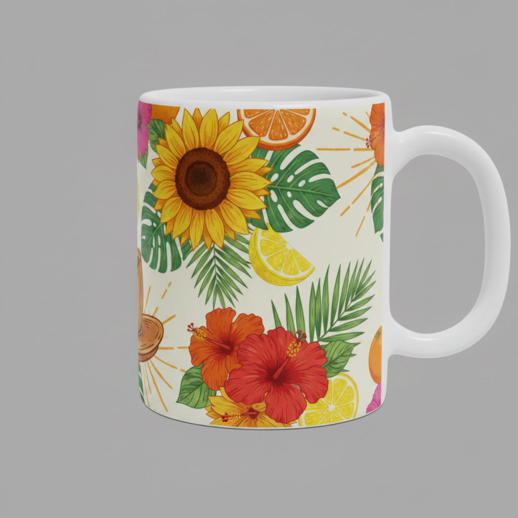 A white ceramic mug with a colorful tropical print featuring sunflowers, hibiscus flowers, green palm leaves, citrus slices, and radiating sunburst lines on a light background.