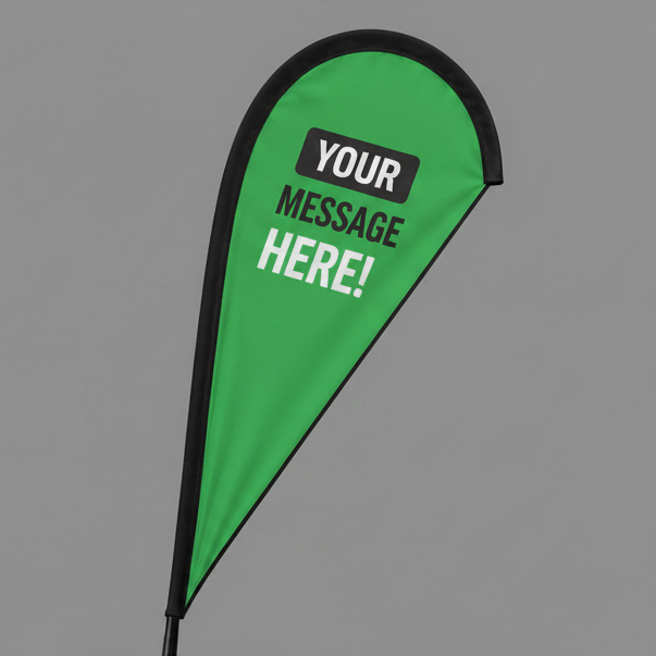 Green promotional flag on a car with 'Your Message Here!' text against a gray background